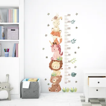 קריקטורה בעלי חיים קרן אריה פוקס מדידת גובה הבית עיצוב חדר ילדים קישוט מדבקת קישוט הבית מדבקות קיר