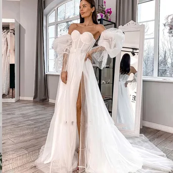 הכלה שמלה מתוקה צוואר סקסי רשת שמלה קו فستان الزفاف פרל מזג להתאים אמצעים מדהים החלוק דה Mariee