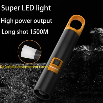 נטענת USB פנס LED סופר ארוך טווח חזק אולטרה בהיר לפיד מנורה ירה זמן 1500m מתח גבוה טקטי פנסים