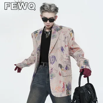 FEWQ גברים משובץ גרפיטי מעילי החליפה נישה עיצוב אופנה קוריאנית סתיו זכר בלייזר מזדמן מעילים רחוב 2023 חדש 24B3237