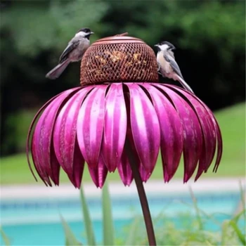 הציפורים בקבוק עם עמוד מתכת בצורת פרח גינה חיצונית קישוט ורוד Coneflower ציפור מזין המכיל אביזרים