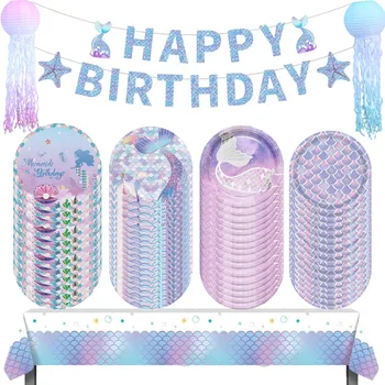 מסיבת יום הולדת עיצוב חד פעמיות סט בייבי מקלחת, בת-הים הקטנה צלחות נייר גביע מפת כיסוי שולחן ילדים, בת ים