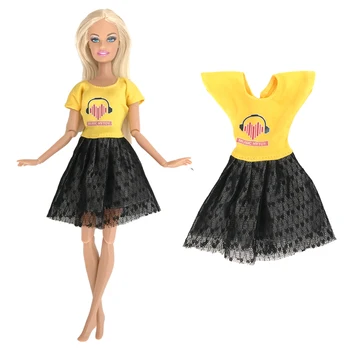 NK 1 יח אופנה מוסיקה דפוס חצאית החולצה הצהובה על 1/6 בובות אביזרים עבור ברבי דול להתלבש תלבושות בגדי ילדים צעצועים