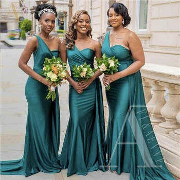 ירוק אמרלד סאטן ארוך מסיבת חתונה שמלת כתף אחת מתוקה אורחים חתונה שמלות השושבינות שושבינה החלוק אישה