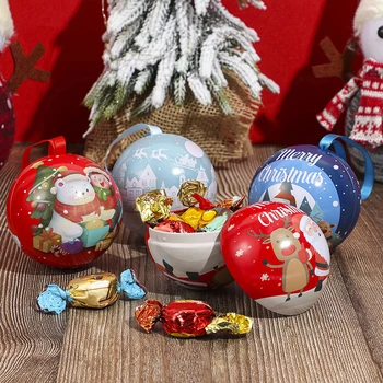1PC חג המולד כדור עגול תיבת Tinplate ממתקים תיבת עץ חג המולד קישוטים צנצנת סוכריות חג המולד עץ תלוי ביצים ממתקים, ילדים מתנה