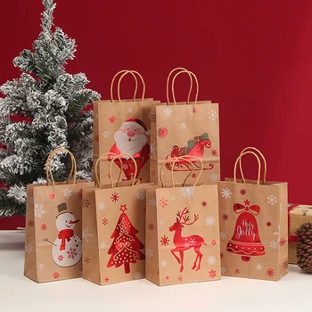 6Pcs מתנת חג המולד שקית עם ידיות קראפט שקיות נייר סנטה קלאוס, איש שלג 2024 חג המולד מסיבת ממתקים שקית קוקי להציג עיצוב התיק