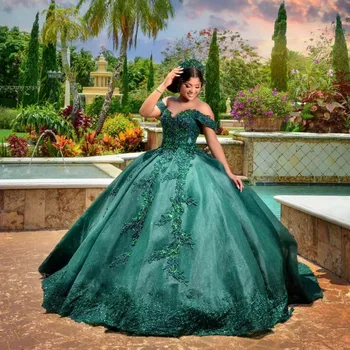 ירוק נצנצים את כתף שמלת נשף הטקס שמלות 16 הנסיכה אפליקציה תחרה חרוזים שמלות לנשף Vestido De