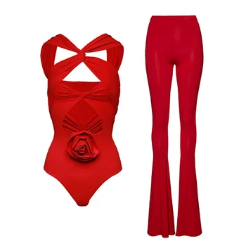 אלגנטי אדום מוצק חתיכה אחת בגד ים & חצאית להגדיר נשים וינטאג חלול החוצה פרח מעצבים בגד ים הבטן שליטה בגדי ים