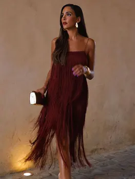 אופנה ללא משענת שרוולים שמלות נשיות סקסית בשכבות ציציות ספגטי רצועת שמלת קיץ אופנה מסיבת מועדון נופש Vestido