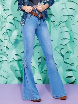 מקרית סקסי באמצע קו מותן נמתח התלקח מכנסיים נשים Slim Fit ג 'ינס ג' ינס רחב הרגל קוריאני סגנון רזה בל התחתונה בכיס המכנסיים.
