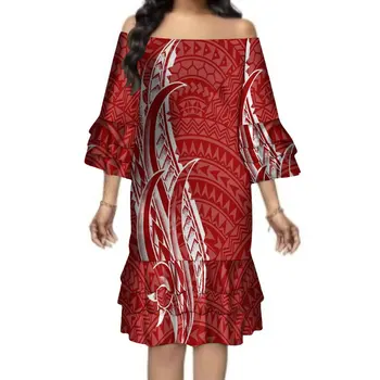 בקיץ עם שרוולים קצרים שמלת מותאמים אישית פולינזי השבט אמנות אתנית הדפסה שמלת מלמלה Multi-Layer חצאית שמלת צוואר עגול חצאית