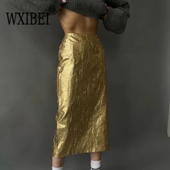WXIBEI אופנה סלים זהב נשים חצאית אלגנטית גבוהה המותניים מידי חצאיות אופנת רחוב בציר Faldas החצאית הנשית בגדים 2023 FC950