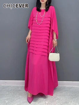 CHICEVER קפלי Oversize שמלות עבור נשים סביב צוואר העטלף השרוול גבוה המותניים מוצק מקרית האביב קוריאני שמלת מקסי נשית 2023