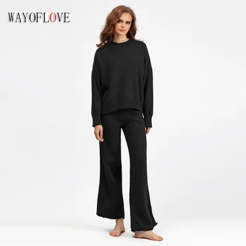 WAYOFLOVE סתיו חורף חדשה של נשים סוודר סרוג קבע מזדמן חופשי Pullovers סוודר עליון רחב הרגל מכנסיים חליפות שני חלקים סט