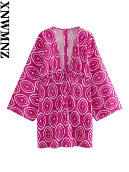 XNWMNZ אופנת נשים 2023 מודפס שמלה קצרה הנשים חופשה בסגנון V-צוואר שרוול ארוך גב רוכסן חופשי נקבה שמלות