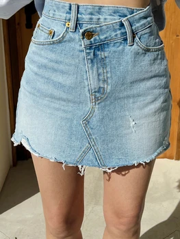 Summe מסוגנן נוטה כפתור ג 'ינס חצאיות נשים גבוהה המותניים כיסים שולי ציצית נקבה ג' ינס חצאיות אביב חצאית מיני 2023
