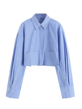 2023 בנות אופנה תיקון כיס סדיר קצר חולצות נשים קיץ גבוהה המותניים כחול אופנת רחוב צמרות שיק הגברת פופלין החולצה