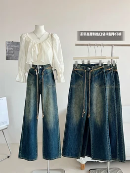 נשים וינטאג 'Y2K היפ הופ גבוהה המותניים כחול ג' ינס באגי רחב הרגל המכנסיים רחוב ישר ג ' ינס מכנסי אופנה גאות 2000 אסתטי