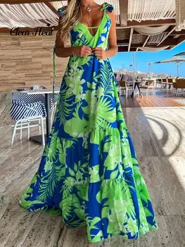 נשים מודפס V-צוואר רצועת שמלת מקסי קיץ אופנה שרוולים חלול החוצה שמלות סקסי ללא משענת חג החוף נקבה Vestidos