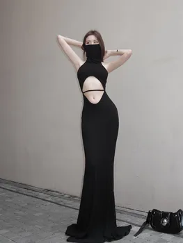 סקסית חריף ילדה טהורה רצון סלים שמלה ארוכה נשים שחור עם צווארון גולף Off-הכתף טבור באורך רצפת שמלת אופנה נשית בגדים