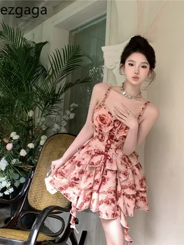 Ezgaga פרחוני מודפס שמלות מיני נשים סקסי קיץ חדש תחבושת וחולצת וינטג ' צוואר V קפלים שמלה מתוקה נשי מזדמן