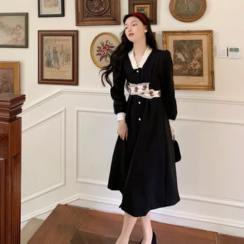 Deeptown וינטג ' שיק אלגנטי שחור שמלת החולצה נשים קוריאני סגנון פרחוני חתיכה אחת גבוהה המותניים שרוול ארוך חולצת חולצה שמלות