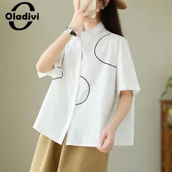 Oladivi גודל גדול שרוול קצר חולצות נשים 2023 קיץ חדש מקרית חופשי חולצות וינטג ' בנות מנופחים העליון טוניקה Blusas 6101