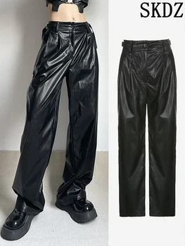 מתכת אבזם החגורה עיצוב להרזיה Pu אופנה מכנסיים מזדמנים נשים מוצק צבע גבוהה Waisted מכנסיים מעור