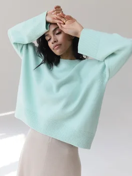 סתיו וחורף נשים סריגים צוואר עגול חופשי מוצק סוודר מוצר חדש