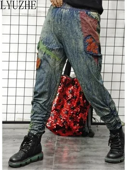 LYUZHE 2023 אביב סתיו חדשה סגנון רזה רקמה תפירה אלסטית במותניים מופיע שטף ג 'ינס ישנים נשים ג' ינס ZXF090