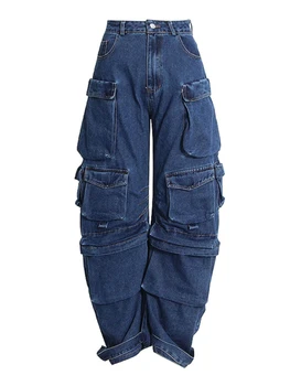 היפ-הופ מכנסיים רחבות מזדמן ישר ג 'ינס בגזרה גבוהה לנשים מוצק צבע רב-כיס חופשי ג' ינס של נשים ברחוב רטרו