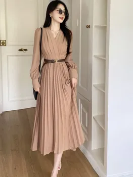 2023 סתיו נשים אלגנטי מוצק V-צוואר שרוול ארוך שמלה משרד ליידי קפלים קוריאנית Midi שמלה נשית רזה קו-שמלה