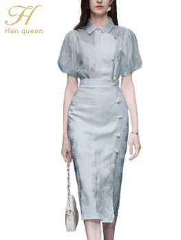 H האן המלכה 2023 קיץ, חצאיות, חליפות נשים אלגנטית קוריאנית פנס שרוול החולצה עליון + חצאיות עיפרון מזדמן צד 2-Piece סט
