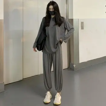 סגנון קוריאני שני חתיכת קבוצה לנשים חולצה מכנסיים סטים שרוול ארוך התלבושת החדשה מקרית אימונית 2023 סתיו חופשי מוצק העליון החליפה