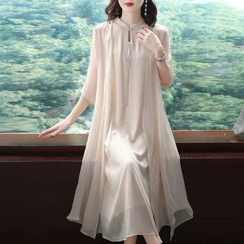 2023 אביב שני חלקים ההאנבוק הזה באמצע אורך השמלה בסגנון סיני נשיות Cheongsam גירסה שונה מסתובב חצאית אופנה אלגנטית