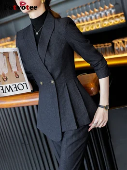 Fotvotee אלגנטי המשרד מכנסי חליפה לנשים 2023 אופנה חדשה קפלים צוואר V כפתור בלייזר גבוהה המותניים וינטג ' שיק סלים בחליפות מכנסיים