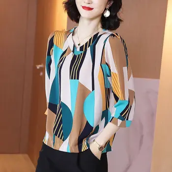 קוריאני אופנה נשים בגדים בסיסיים שיפון חולצה ניגודיות צבע 3/4 השרוול V-צוואר Pullovers העליון אביב קיץ חדש מקרית החולצה