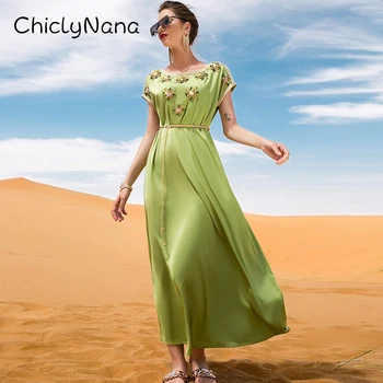 ChiclyNana אלגנטי סאטן ירוק כבד עבודת יד, תפירה יהלומים שרוול קצר בציר מזרח-תיכונית כפיות שמלות W