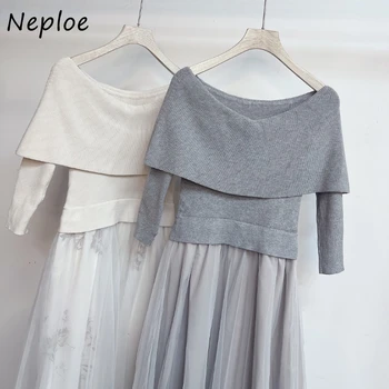 Neploe קו נטוי הצוואר הדפס מתוק שמלות תשע רבע השרוול אלגנטי נשי החלוק היפני ליפול אמצע אורך רשת משולבים Vestidos