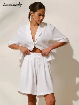V-צוואר מוצק קצר שרוול החולצה ואת המכנסיים שני חלקים סט אופנה אלגנטית של נשים משוחרר חליפת קיץ מזדמן החופשה מסיבה תלבושת