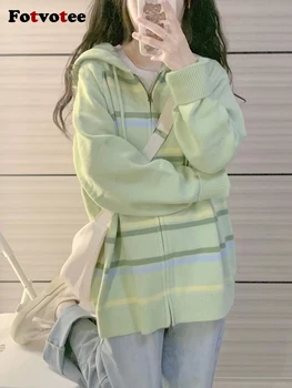Fotvotee מעטה נשים סוודר סוודרים סרוגים מנופחים פסים שרוול ארוך העליון קוריאני אופנה מעיל סתיו חורף 2023 ירוק