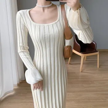 חדש שמלת סוודר נשים רך 2023 סתיו שיק O-צוואר ארוך, סריגים נשים מסיבות יוקרתי עיצוב אלגנטי סרוגים Vestido מגשר