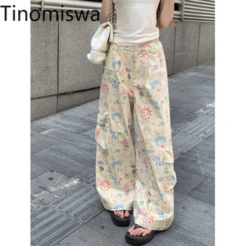 Tinomiswa גבוהה המותניים רחב הרגל המכנסיים נשים פרח מודפס חופשי מזדמן אופנה מכנסיים נקבה אופנת רחוב כיסים הקיץ Capris
