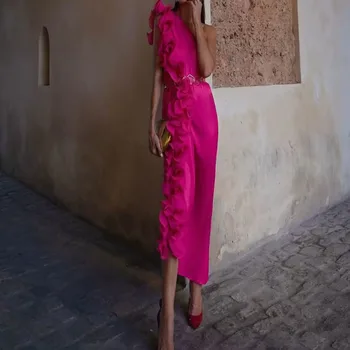 סתיו נשים 2023 חדש מזדמן אופנה בשכבות קישוט אסימטרי שמלה רזה סקסית אלגנטי שמלות ארוכות