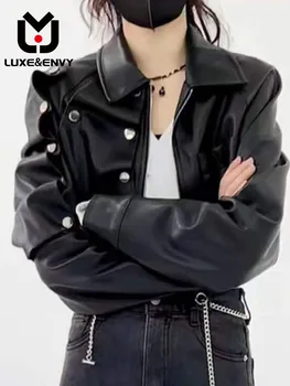 לוקס&מקנא שחור סדיר עור נשים מעיל דש כפתור פירוק שטף הג ' קט אופנוע 2023 סתיו