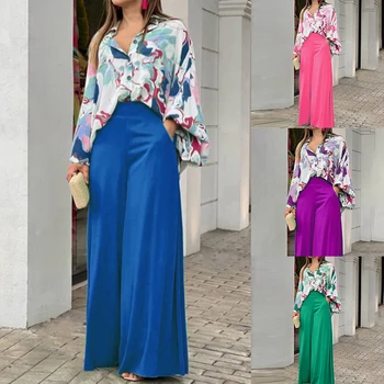 הקיץ טמפרמנט שרוול ארוך חולצה של נשים אלגנטי צבע מוצק אופנה רחב הרגל מכנסיים מזדמנים שני חלקים סט אופנה בחוץ
