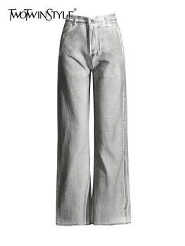 TWOTWINSTYLE חופשי מזדמן שיק ג ' ינסים לנשים גבוהות מותן באורך מלא אופנת רחוב מזג רחב הרגל שאיפה נקבה בגדים 2023