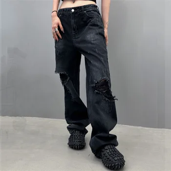 לנשים ג ' ינס 2023 סתיו חדש בציר במצוקה גבוהה Waisted רגל ישרה מכנסיים אופנה קוריאנית כותנה טהורה של נשים מכנסיים traf