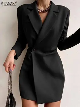 ZANZEA רשמי במשרד אלגנטי, שמלת מיני נשים שרוול ארוך מעיל שמלה מזדמן חליפת צווארון החלוק 2023 סתיו מוצק כפתור Vestidos