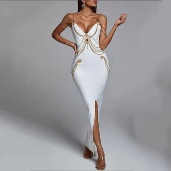 איכות גבוהה חדש שחור לבן שרשרת ספגטי רצועה V-צוואר פיצול תחבושת שמלת Bodycon מפורסמים מועדון מסיבת שמלה ארוכה Vestidos